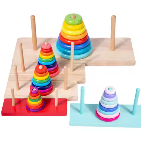 Hanoi Tower Rainbow Stacking Games Baby Montessori Wooden Toys Fine Motor Training Educational Class
