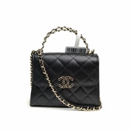 CHANEL香奈兒 23P手柄Kelly黑色荔枝牛皮雙皮穿鏈交叉手柄肩背包