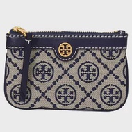 TORY BURCH 雙T-LOGO提花拼接皮革零錢包-藍色