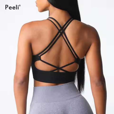 Virtue Seamless Sports Bra Women Backless Gym Crop Top Medium Impact Padded Yoga Bras Strappy Push U