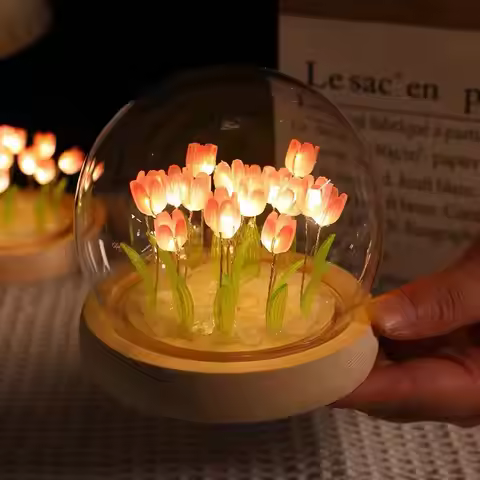 Artificial Tulip Night Light with Transparent Cover Handmade DIY Bedside Lamp LED Night Light Home D