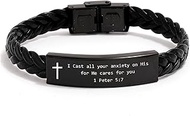 Personalized Custom Name Leather Bracelet,Christian Bracelet,Cast All Your Anxiety on Him for He Car