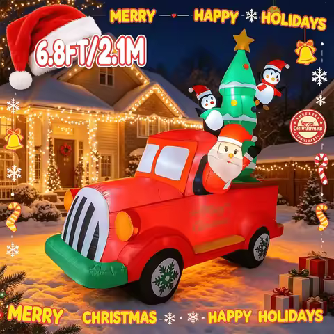 6.8 FT Christmas Inflatable Model Red Pickup Truck with Santa Claus Yard Decoration Outdoor Xmas Hol