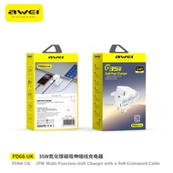 Awei 35W GaN Fast charging charger UK Plug 2 Type-C Output with 70cm fast charging 35w Built in cabl
