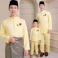 Baju Melayu Ayah dan Anak Set Sedondon warna Kuning Lembut Soft Yellow koleksi raya bapa budak lelaki kanak kanak