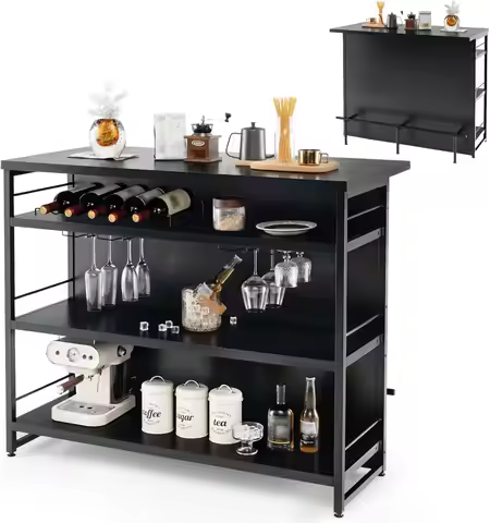 Giantex Home Bar Unit, 4 Tier Liquor Bar Table with Footrest, Wine Bottle Racks, Glass Holder, Indus