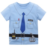 เสื้อยืดสำหรับเด็กผู้ชายเสื้อยืดผ้าฝ้ายเนื้อนุ่มพิมพ์ลายการ์ตูนตำรวจเนคไทปลอม