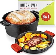 2-in-1 Cast Iron Dutch Oven Pot with Lid, 5 Quart Cast Iron Dutch Oven with Cast Iron Skillet Lid, Cast Iron Pot with Lid, Preseasoned Cast Iron Pots and Pans Set, RV or Lodge Camping Cast Iron Set