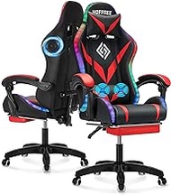 Gaming Chair with Speakers and LED Lights Ergonomic Computer Chair with Massage and Footrest Reclining Video Game Chair for Adults with Adjustable Lumbar Support Red and Black
