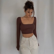 Áo Croptop Nữ Gân Tăm Cổ Vuông Tay Dài - Tharo Clothing [AO00003]