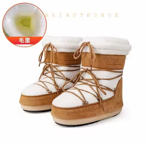 New 2026 Women's Thick Bottomed Furry Moon Boots Winter Warm Mid-Calf flat Snow Boots Lightweight Ba