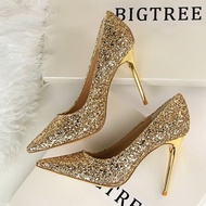 Fashion Sequins High-Heeled Shoes Thin Heels Woman Pumps Pointed Toe High Heels Women Shoes Closed T