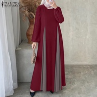 ZANZEA ชุดเดรสแม็กซี่แขนโคมไฟที่สง่างามสำหรับผู้หญิงมุสลิมชุดเดรสเข้ารูปต่อสีตัดกัน #1125