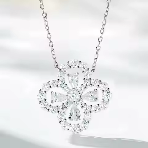 High-end women's 18K white gold and platinum PT950 necklace women's four-leaf clover full diamond cl