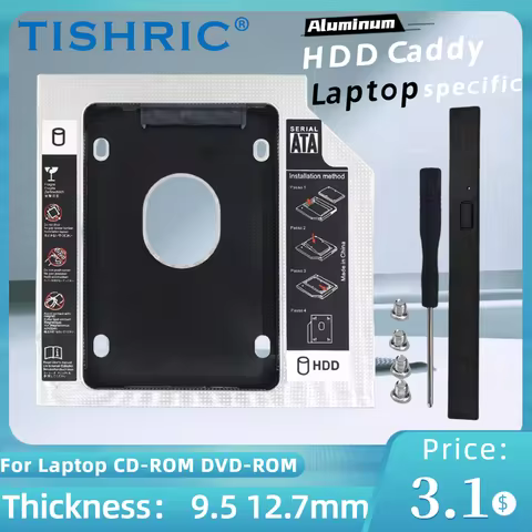 TISHRIC HDD Caddy 9.5 12.7mm Optibay SATA 3.0 2.5" SSD CD DVD To HDD Case Aluminum Universal Enclosu