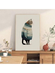 1張布面印刷海報,可愛豐滿的貓在復古風格中穿毛衣。適用於工作室,宿舍,客廳,臥室,走廊,桌面,沙發背景裝飾。這是一份藝術家給貓奴的禮物。家居裝飾。pvc筒包裝,無框
