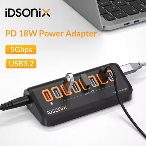 iDsonix USB Hub PD 18W Powered Adapter Splitter 7 Port 5Gbps Docking Station USB 3.2 Hub for Macbook