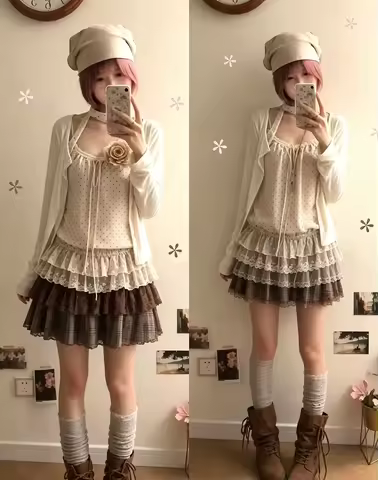 Women French Vintage 3 Piece Outfit 2026 Fall Y2K Long Sleeve Crop Top Layer Mini Skirt Casual Daily