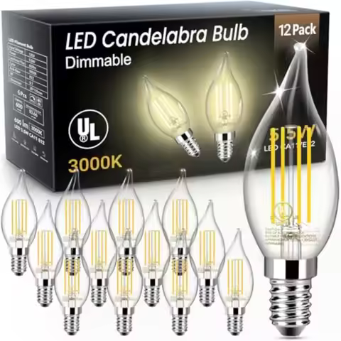 E12 LED Candelabra Bulb Dimmable, 60W Equivalent LED Chandelier Light Bulbs, 5.5W 600LM CA11 Flame T