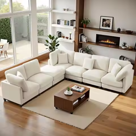 121'' 7-Seater Modular Sectional Upholstered Couches, Chenille Cloud Couch with Movable Ottoman,L/U-