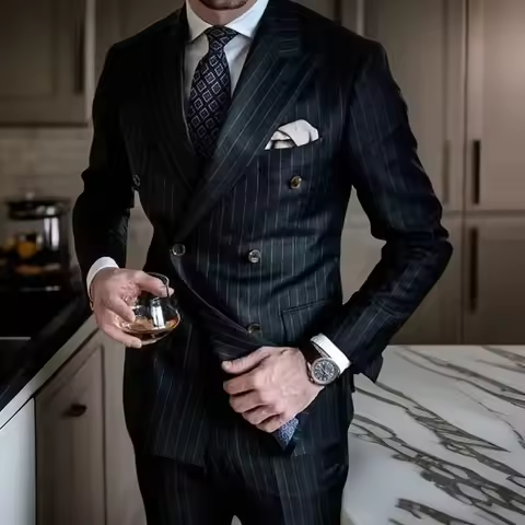 Stripe Formal Men Suits Double Breasted Blazer Business Groom Tuxedo Peak Design Slim Fit 2 Pcs Fash