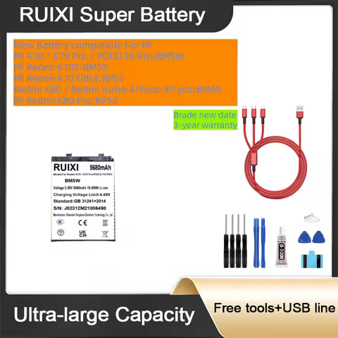 RUIXI Ultra Large Capacity Battery For Xiaomi Redmi K70 / K70 Pro/K70E/K7o Ultra/K80 /turbo 4/K80 Pr