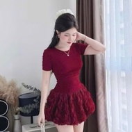 Elastic bozip wool dress, back zip, QC wave lace, puffy lining, cinched waist (Comes with removable 