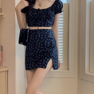 Short puff sleeve top + floral patterned split skirt suit –EUR.21Jl22ι