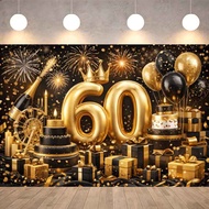 60th Happy Birthday Backdrop Polyester Waterproof Banner Black Gold Balloon Cake Decor Photo Shoot B