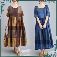 Oladivi Plus Size Women Clothing Fashion Plaid Cotton Linen Summer Dress Ladies Casual Loose Long Dr