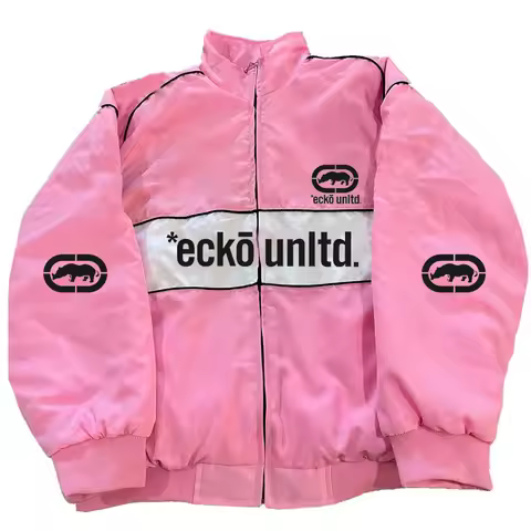Men Ecko Unltd Rhino Logo Winter Padded Jacket Black‑White‑Red Color‑Block Zip‑Up Warm Stand Collar 
