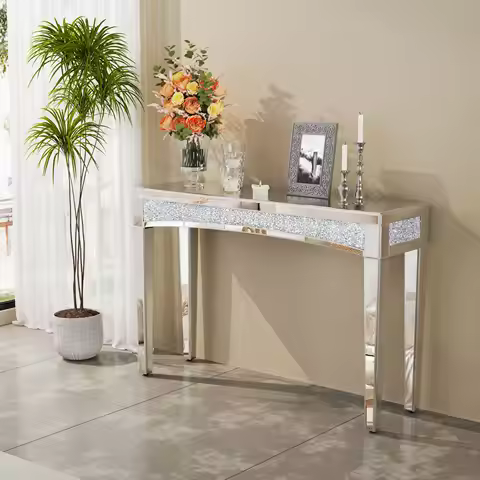 47.2" Mirrored Desk Silver Console Table Mirror Sofa Table with Crystal Inlay Front for Living Room,