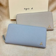 全新 agnes b 灰白色 墨綠色 綠色 草寫 b 牛皮 12卡 防刮 ㄇ型 長夾 拉鍊 皮夾 錢包 正品 小b