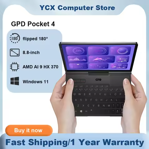 GPD Pocket 4 Mini Laptop 8.8-inch AMD AI 9 HX 370 64GB RAM Portable Mini PC 2TB NVMe flipped 180° bu