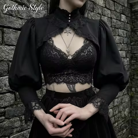 Lace Gothic Black Short Steampunk Crop Jacket Kawaii Vintage Gorgeous Palace Blouse Women Party Bole