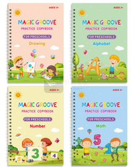 Syllere - （4本裝·贈1筆桿1握筆器5筆芯）兒童凹槽練字帖 3-6歲學生訓練控筆練字帖 兒童數字/數學/英文/繪畫啟蒙字帖