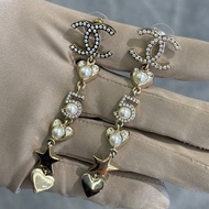 99新Chanel香奈兒雙C水鑽愛心5號珍珠吊墜耳環