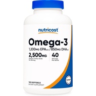 Nutricost Omega 3 Fish Oil - 2500 mg，120 Grain Soft Capsules（40 Share） - Fish Oil，Wild Caught！1200 m
