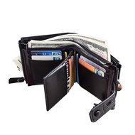 Leather retro mens wallet with multifunctional and multiple zipper design (black)