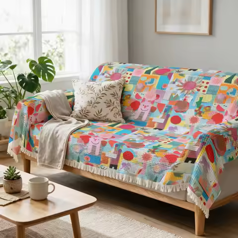 Vibrant Patchwork Print Throw Blanket Sofa Cover Decorative Cushion Textile Accent Living Room Boho 