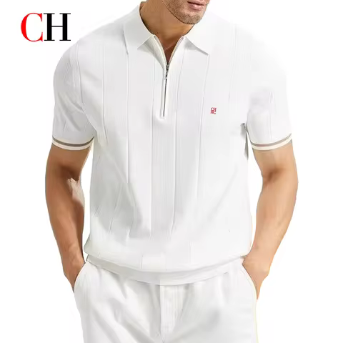 CH Men Vertical Striped Knit Polo Shirt Half Zip Lapel Short Sleeve CH Embroidery Top Breathable Bus