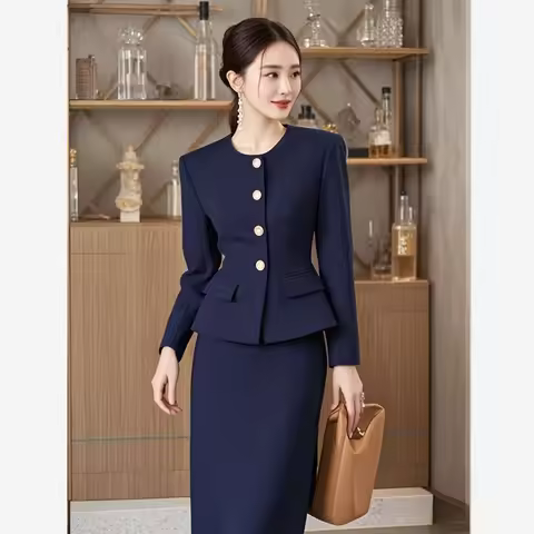 Autumn Elegant Women's Solid Color O-Neck Long Sleeves Single Breasted Office Lady Jacket + High Wai