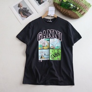 ganniˉSpring and summer new niche European and American alphabet fun cartoon round neck loose short-