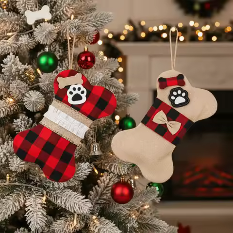 Cartoon Christmas Stocking Sock Pendant 3D Decorative Dog Bone Stocking Hanging Ornament Bone Shaped