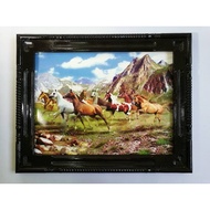 Feng Shui Hanging Picture Teak Frame Oak Colored Pencils With 8 Horse Shapes Size 46 X 58 Cm. No.7
