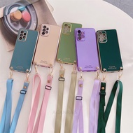 Plating Silicone Soft Lanyard Case Samsung Galaxy A22 A 22 A32 4G Cover A 32 Candy Color Lens Camera Protection Crossbody Necklace Chain Cover for Samsung A52 A 52 S Cases