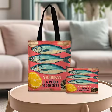 Sardine Lemon Delicacy Pearls Tote Bag Beach Bag with Makeup Bag Multipurpose Shopping Bag Shoulder 