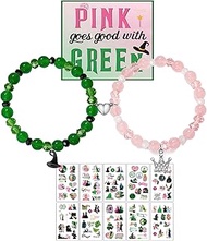 FUNTE 2Pcs Elphaba Glinda Matching Bracelets, Pink Green Crown Witch Hat Friendship Bracelets With 1
