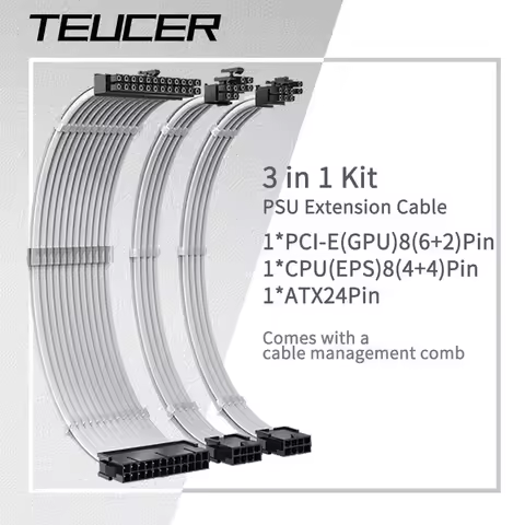 TEUCER 30cm PSU Extension Cable 3 in 1 Kit Motherboard ATX 24Pin GPU PCI-E 6+2Pin 8Pin CPU EPS 4+4Pi