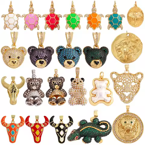 Leopard Lion Bear Crocodile Cow Head Charm Pendant,18K Gold Animal Necklace Bracelet for Handmade Je